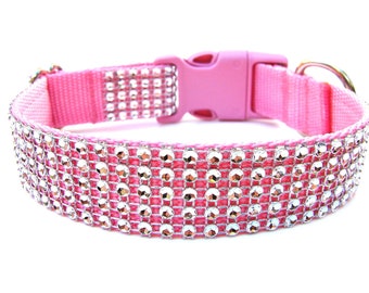 Rhinestone Dog Collar Silver and Pink 1" Rhinestone Dog Collar