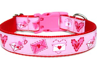 Valentines Dog Collar 1" Hearts Dog Collar Love Letters