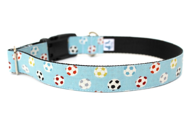 Peut inclure: Un collier pour chien bleu clair avec un motif de ballons de football color&eacute;s. Le collier a une boucle noire et un anneau en D argent&eacute;.