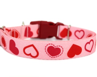 Pink Heart Dog Collar, Valentine’s Day Dog Collar, Adjustable Valentine Collar for Dogs