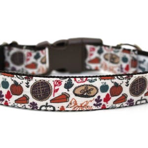May include: A white dog collar with a brown adjustable buckle. The collar features a repeating pattern of fall-themed illustrations, including pumpkins, leaves, and pie slices.