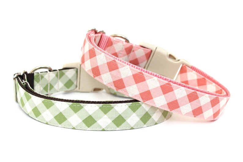 May include: Two dog collars with a gingham pattern. One collar is light green and white, the other is pink and white. Both collars have a beige plastic buckle and a silver metal ring.