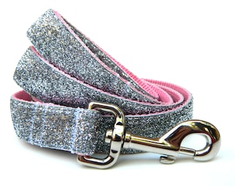 Silver Glitter Dog Leash 1" Sparkle Dog Leash Pink and Silver Glam Dog Leash Bling Dog Leash