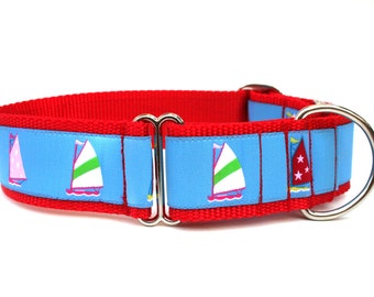 Sailboat Dog Collar, Nautical Martingale Collar, Summer Beach Dog Collar