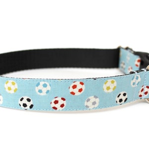 Peut inclure: Un collier pour chien bleu clair avec un motif de ballons de football color&eacute;s. Le collier a une sangle noire r&eacute;glable et une boucle argent&eacute;e.