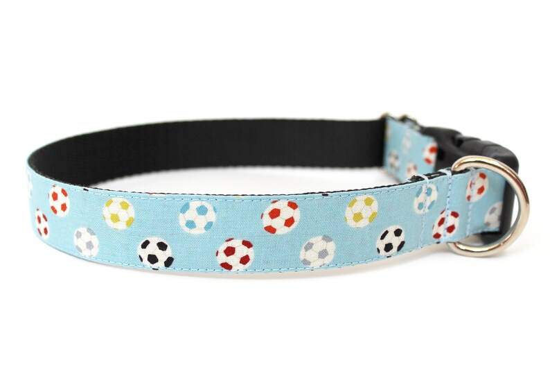 Peut inclure: Un collier pour chien bleu clair avec un motif de ballons de football color&eacute;s. Le collier a une sangle noire r&eacute;glable et une boucle argent&eacute;e.