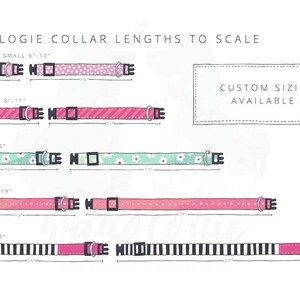 May include: A chart showing the different lengths of dog collars available, from extra extra small to large. The collars are shown to scale, with measurements in inches. The text "WAGOLOGIE COLLAR LENGTHS TO SCALE" is at the top of the chart. The text "CUSTOM SIZING AVAILABLE" is in a box at the top right of the chart.