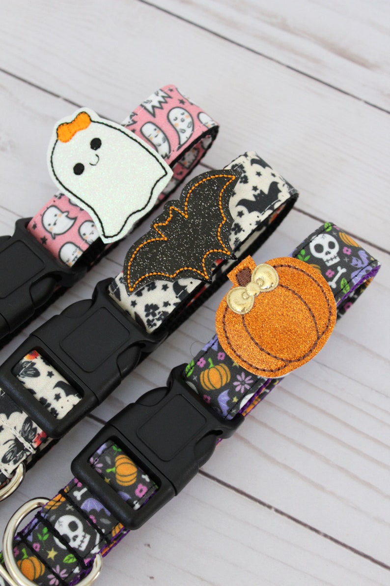 May include: Halloween-themed dog collars with black plastic buckles. Collars feature patterns of ghosts, bats, pumpkins, and skulls. Each collar has a glittery applique of a ghost, bat, or pumpkin.