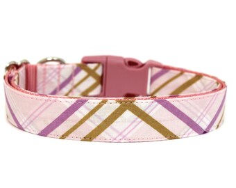 Pastel Plaid Dog Collar Spring Easter Collar Pink Gold Plaid
