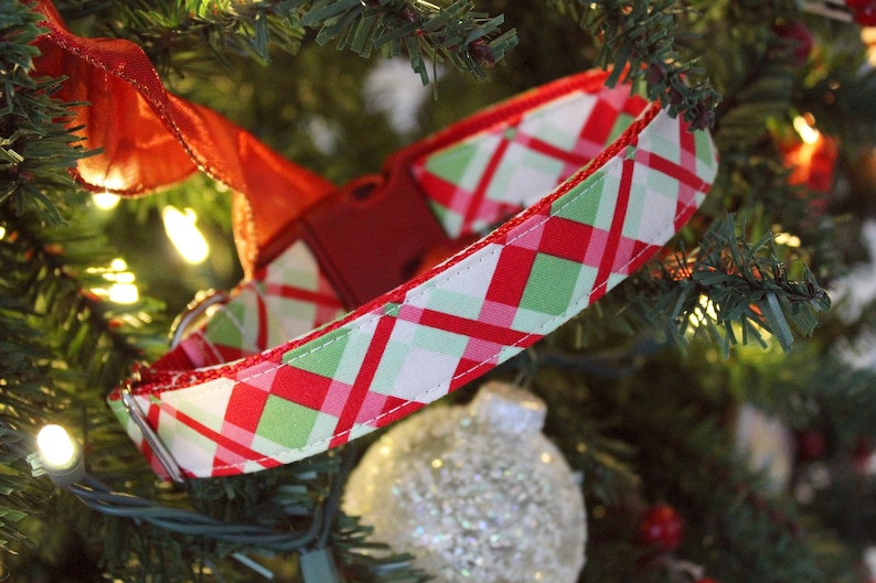K&ouml;nnte beinhalten: Roter, gr&uuml;ner und wei&szlig;er karierter Hundehalsband mit einer silbernen Schnalle. Das Halsband h&auml;ngt an einem Weihnachtsbaum.