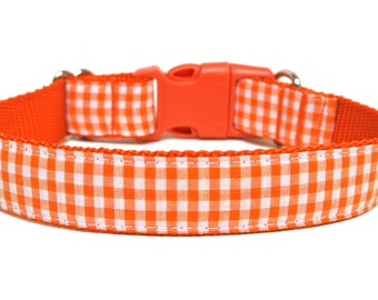 May include: Orange and white gingham dog collar with a plastic buckle.