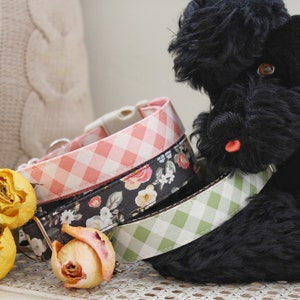 May include: Three dog collars with different patterns: pink gingham, floral, and green gingham. A black stuffed dog wears one of the collars. Dried yellow roses and a beige pillow are in the background.
