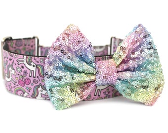 Large Dog Collar Bow Add-On, Sparkly Sequin Dog Bow, Pastel Rainbow Dog Accessory, Big Girl Dog Bow