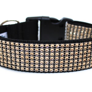Puede incluir: Un collar negro para perros con una banda de brillantes pedrería color champán. El collar tiene una base de nailon negro, una anilla en D de metal plateado y una hebilla de plástico negro. Los brillantes están dispuestos en un patrón de rejilla.
