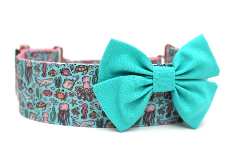May include: A turquoise blue dog collar with a matching bow tie. The collar is printed with a pattern of sea creatures, including fish, jellyfish, seahorses, and an octopus.