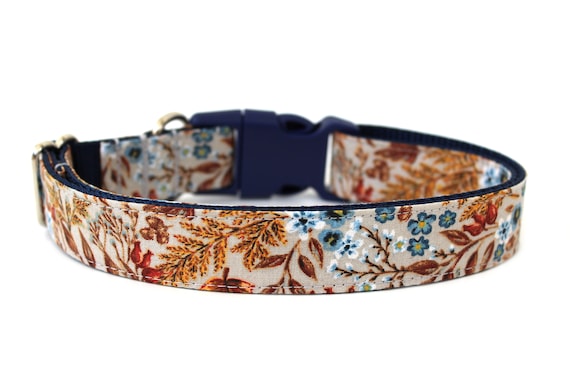 Autumn Floral Dog Collar, Fall Leaves Dog Collar, Thanksgiving Dog Collar, Blue Floral Dog Collar, Outdoor Dog Accessory