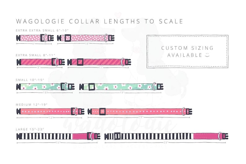 May include: A chart showing different collar lengths for dogs, with the text "WAGOLOGIE COLLAR LENGTHS TO SCALE" at the top. The chart shows five different collar sizes: Extra Extra Small (6-10 inches), Extra Small (8-11 inches), Small (10-15 inches), Medium (12-19 inches), and Large (15-23 inches). Each collar size is illustrated with a different patterned collar. The chart also includes the text "CUSTOM SIZING AVAILABLE" in a box.