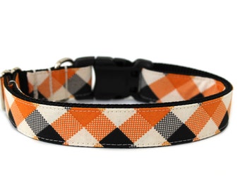 Halloween Plaid Dog Collar, Orange and Black Fall Dog Collar, Buffalo Check Pet Collar, Autumn Dog Accessory