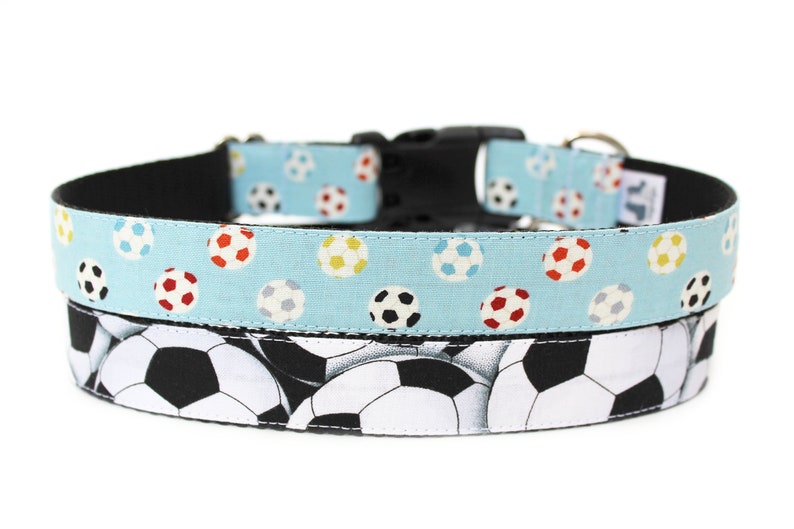 Peut inclure: Un collier de chien r&eacute;versible avec un motif de ballon de football bleu et blanc d'un c&ocirc;t&eacute; et un motif de ballon de football noir et blanc de l'autre.