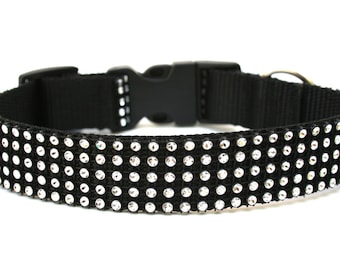 Rhinestone Dog Collar 1" Black and Silver Dog Collar