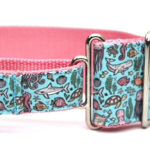 May include: A pink and blue dog collar with a sea life pattern. The collar has a silver buckle and a silver D-ring.