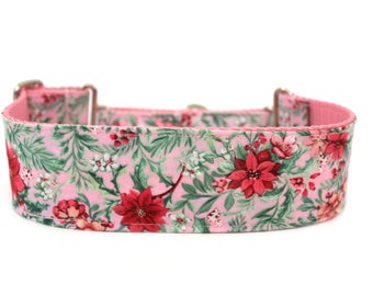 Pink Christmas Dog Collar 2" wide Martingale Dog Collar for Large Breed Dogs Poinsettia Dog Collar
