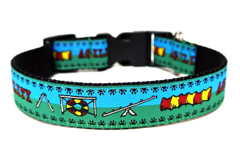 May include: A dog collar with a black buckle and a blue and green pattern. The pattern includes agility course obstacles, paw prints, and the word "AGILITY". The collar is designed for dogs.