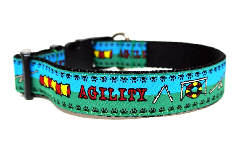 May include: A black dog collar with a colorful design featuring agility course obstacles. The collar has a green and blue background with the word "AGILITY" in red. Paw prints and agility equipment are also featured.