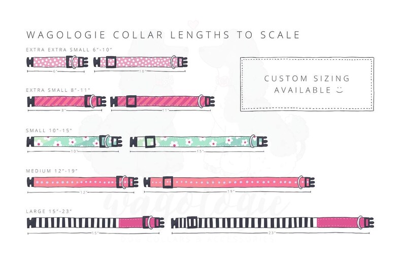 May include: Diagram of dog collars with varying lengths and patterns. Sizes range from extra extra small (6-10 inches) to large (15-23 inches). Collars feature polka dots, stripes, and floral designs. Text reads "Wagologie Collar Lengths to Scale" and "Custom Sizing Available".