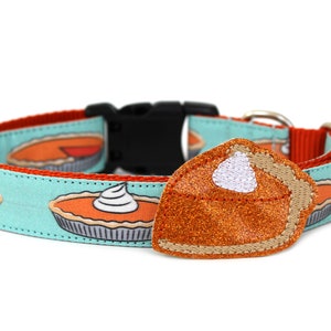 May include: A turquoise blue dog collar with a pumpkin pie design and a matching pumpkin pie charm. The collar has a black buckle and a red and orange trim.