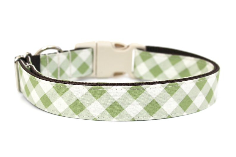 May include: A dog collar with a light green and white gingham pattern. The collar has a brown interior and a beige plastic buckle. A silver metal ring is attached for leash attachment.