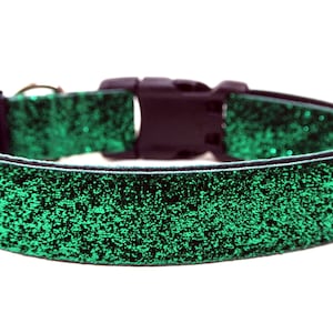 May include: A pet collar featuring a vibrant green glitter finish across the outer surface. The collar includes a black plastic side-release buckle and a metal D-ring for attachment, providing a secure and adjustable fit for a pet's neck.
