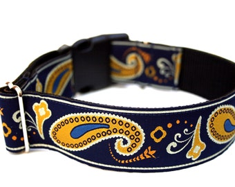 Collier pour chien motif cachemire bleu marine, collier bleu et or, collier pour chien classique preppy