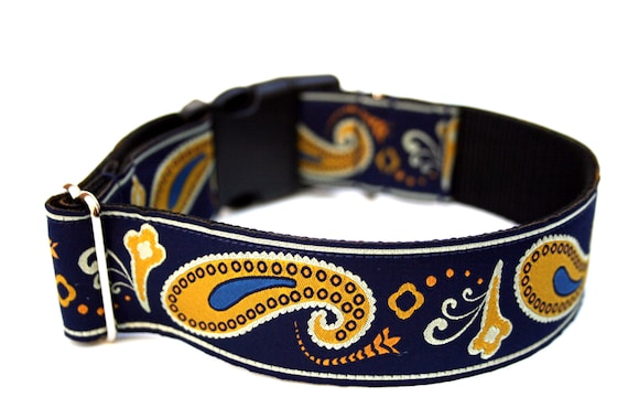 Navy Paisley Dog Collar, Blue and Gold Collar, Classic Preppy Dog Collar