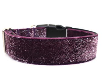 Purple Velvet Dog Collar, Plum Sparkle Dog Collar, Luxury Glitter Pet Collar