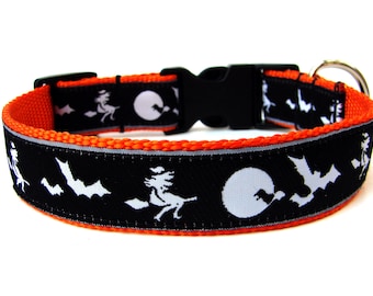 Witch Dog Collar, Halloween Dog Collar, Bats and Moon Dog Collar, Orange Halloween Collar, Spooky Dog Accessory