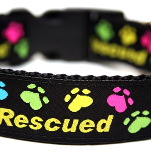 May include: Black dog collar with colorful paw prints in blue, green, yellow, and pink. The collar has the word "Rescued" in yellow and "Loved" in green. The collar has a black plastic buckle.