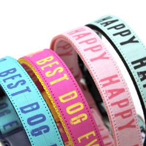 May include: Four dog collars in different colors with text. The collars are turquoise, pink, light blue, and dark blue. The text on the collars reads "Happy", "Happy", "Best Dog Ever", and "Best Dog Ever".
