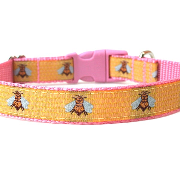 Girl Dog Collar Pink and Yellow Bumble Bee Dog Collar 1" or 3/4"
