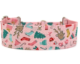 Pink Christmas Dog Collar 2" wide Martingale Dog Collar for Large Breed Dogs Holiday Dog Collar