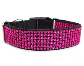 Hot Pink Rhinestone Dog Collar 1" or 1.5" Wide, Sparkle Dog Collar, Bling Dog Collar for Medium to Large Dogs