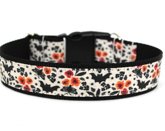 Bat Dog Collar, Halloween Dog Collar, Floral Bat Dog Collar, Spooky Fall Dog Accessory, Black Orange Dog Collar