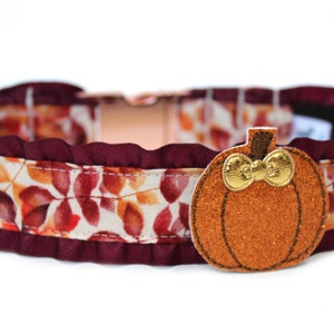 May include: A fall-themed pet collar featuring a pumpkin applique. The collar has a burgundy ruffle trim and a fabric with orange and red leaf patterns. The pumpkin is orange with gold glitter and a gold bow.