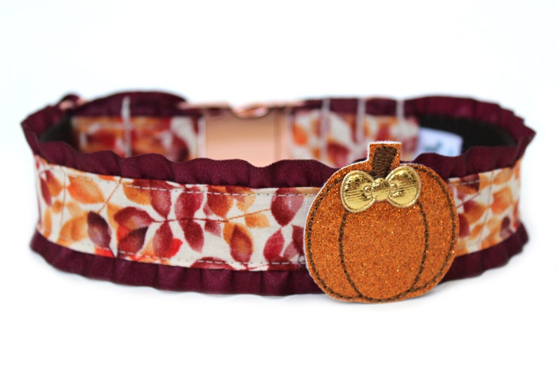 May include: A fall-themed pet collar featuring a pumpkin applique. The collar has a burgundy ruffle trim and a fabric with orange and red leaf patterns. The pumpkin is orange with gold glitter and a gold bow.