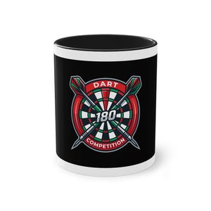 May include: A black ceramic mug with a white interior and rim, featuring a graphic of a dartboard with two crossed darts. The design includes the text DART COMPETITION and the number 180 in a bold, stylized font, rendered in red, green, and white.