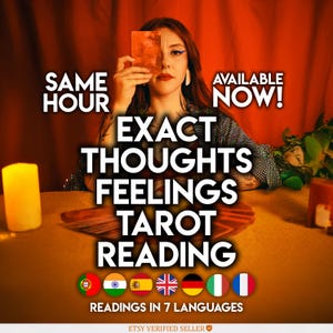 Könnte beinhalten: Werbebild für Tarot-Lesungen. Der Text lautet "Same Hour", "Available Now!" und "Exact Thoughts Feelings Tarot Reading". Das Bild zeigt eine Person mit einer Karte und Flaggen für 7 Sprachen.