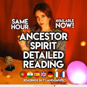 Peut inclure: Publicité pour des lectures détaillées des esprits ancestraux. L'image affiche « Same Hour » et « Available Now ! » avec « Ancestor Spirit Detailed Reading ». Des drapeaux représentant sept langues sont également affichés.
