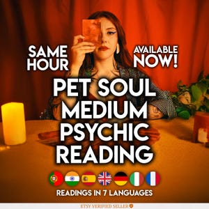 Könnte beinhalten: Werbung für Tier-Psychic-Lesungen. Der Text enthält "Same Hour", "Available Now!" und "Pet Soul Medium Psychic Reading". Das Bild zeigt auch Flaggen, die Lesungen in 7 Sprachen darstellen.