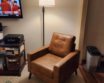 Mid Century Modern Armchair | Button Tufted Faux Leather Accent Club Chair with Armrests