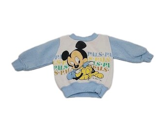 Sudadera con cuello redondo blanca y azul de Disney Babies Mickey y Pluto PALS, talla 0-6 M, 1984